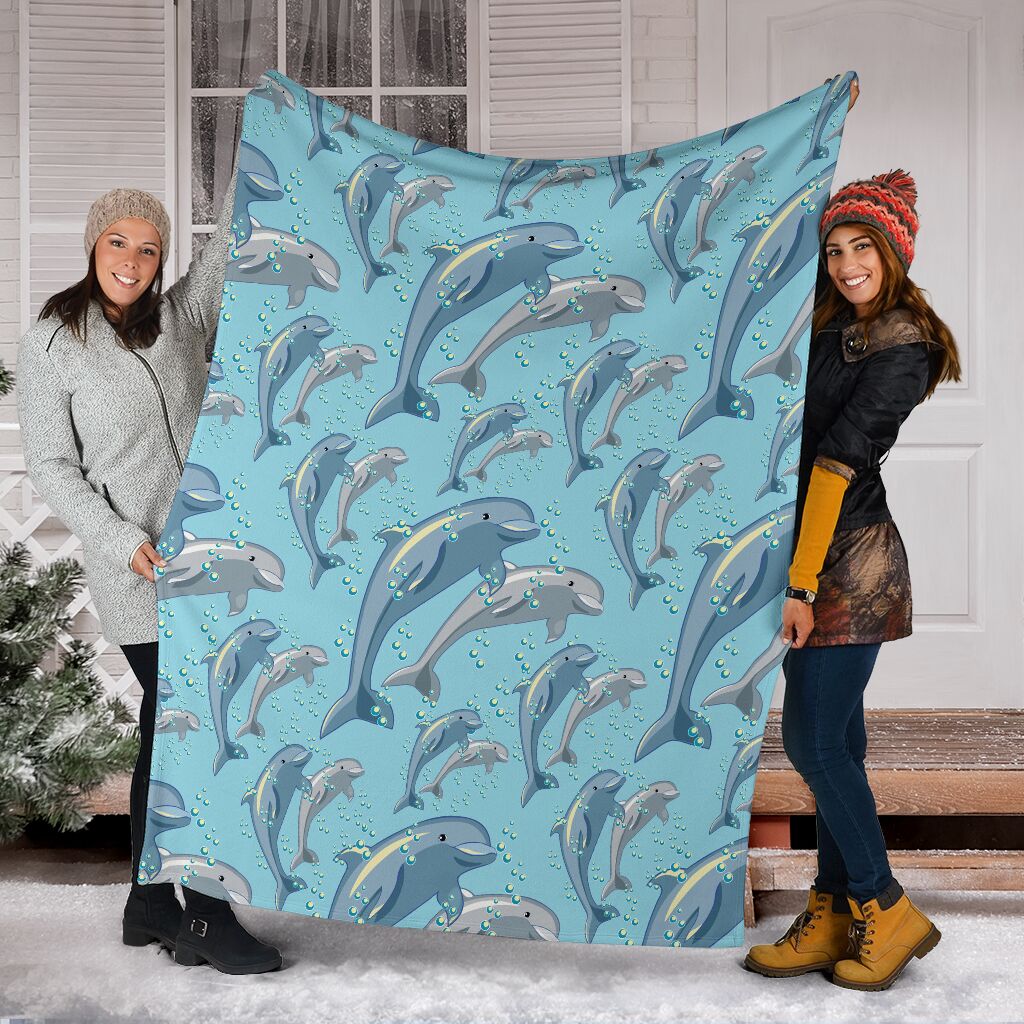 Dolphin Couple Is Smiling On Blue Fleece Blanket