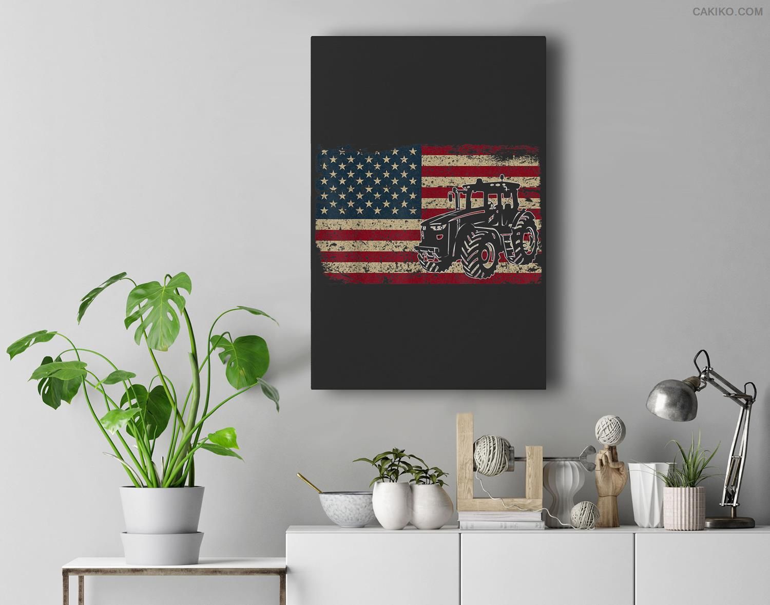 Farm Tractors Usa Flag Patriotic Farming Gift Premium Wall Art Canvas Decor