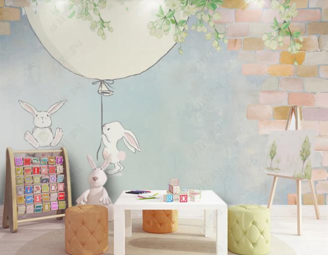 3D Northern Europe Hand-Painted Cute Rabbit Balloon Wall Mural Wallpaper Sww2192