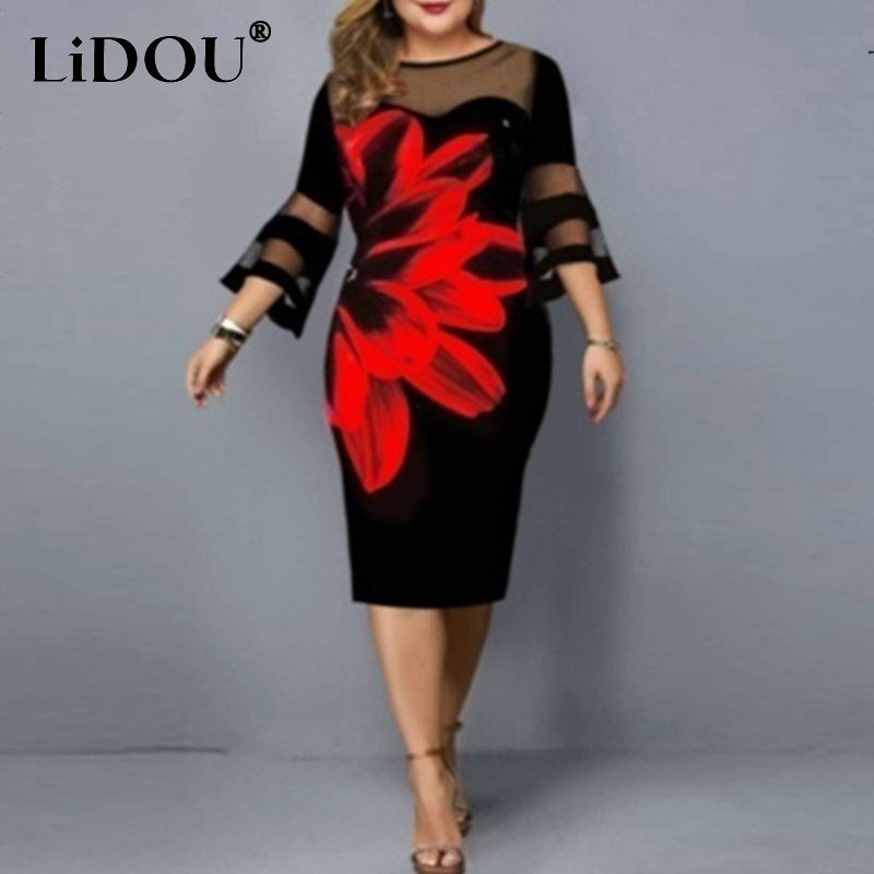 5XL Plus Size Y2K Harajuku Floral Printed Dress for Women Elegant Trend Robe Femme Mesh Flare Sleeve O Neck Vestidos De Fiesta alx