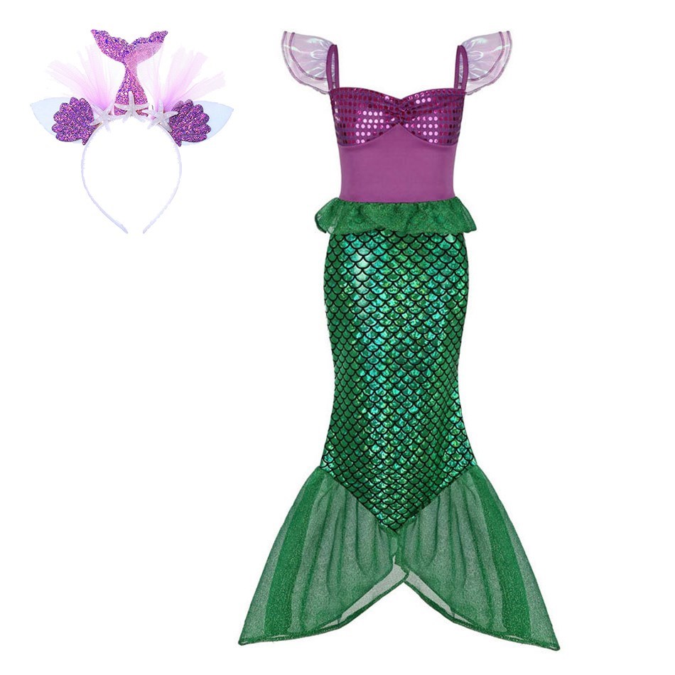 Baby Little Mermaid Outfit Girl Ariel Halloween Green Purple Dress Children Summer Carnival Costume Pageant Mermaid Tail Clothes alx