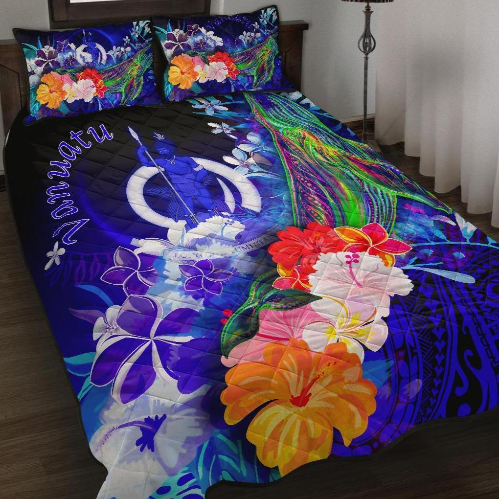 Vanuatu Quilt Bed Set – Humpback Whale with Tropical Flowers (Blue)- BN18