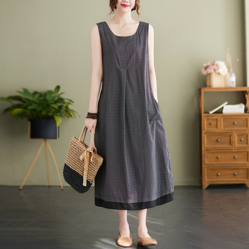 2022 New Arrival Sleeveless Loose Cozy Summer Tank Dress Patchwork Striped Holiday Travel Casual Beach Dress Women Midi Dress alx