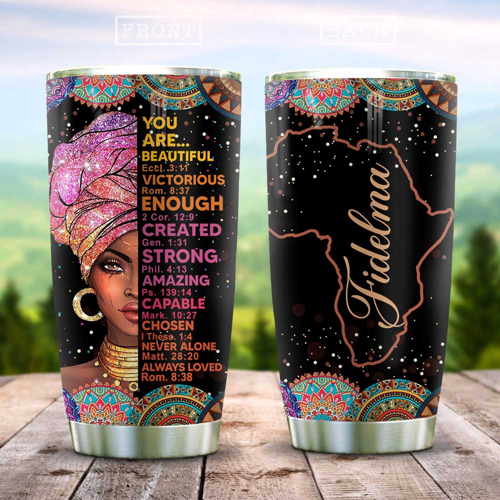 Personalized Melanin Women Stainless Steel Tumbler Black Woman Faith Lover Custom Iced Tumbler Double Wall Cup Stainless Steel Melanin Girl Gift Ideas 20 Oz