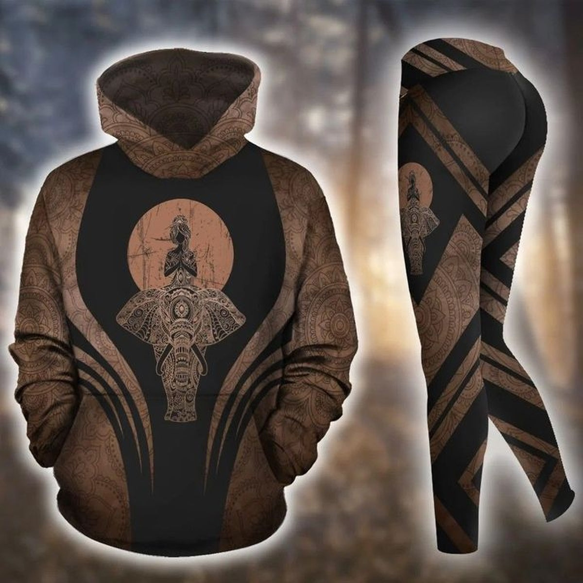 Elephant Yoga Mandala Black And Brown Legging Hoodie , Elephant Legging Hoodie