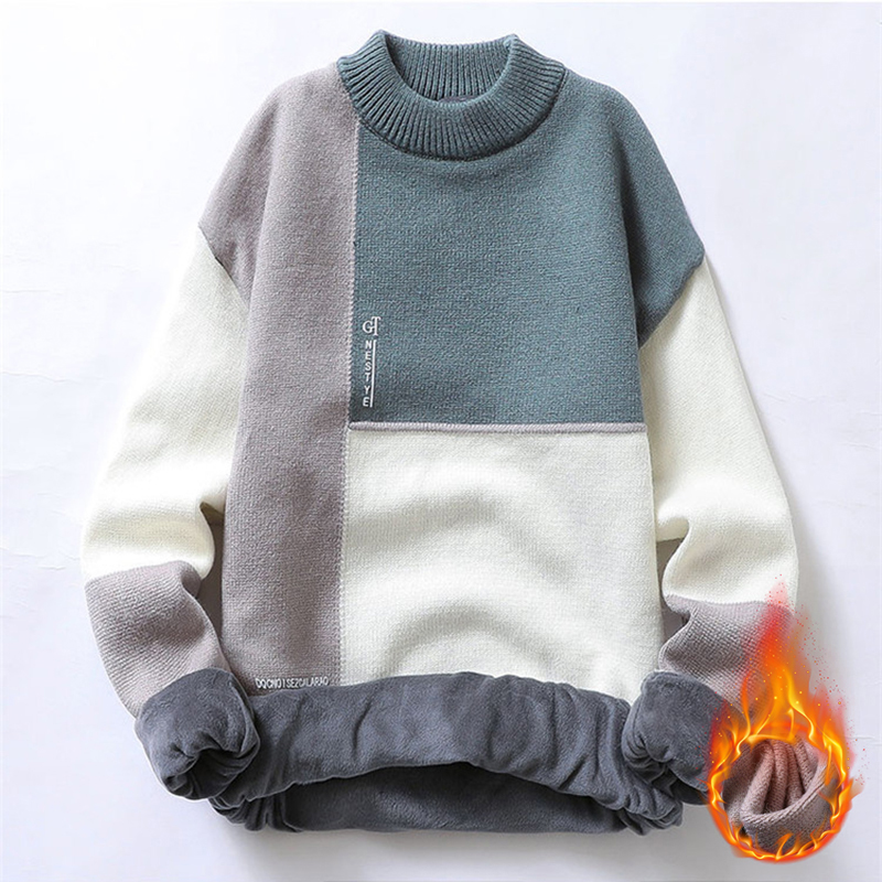 Winter Sweaters Men Fleece Thicken Warm Men’s Pullover Cashmere Liner Casual O Neck Male Sweater Fashion Style Patchwork 2022 alx