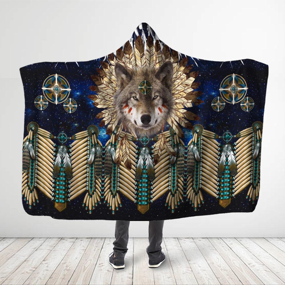 ViticStore™ Aborigine Style 3D All Over Printed Gray Brown Wolf King – Hooded Blanket