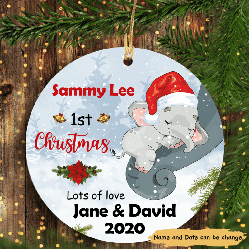 Personalized Baby Elephant First Christmas Circle Ornament