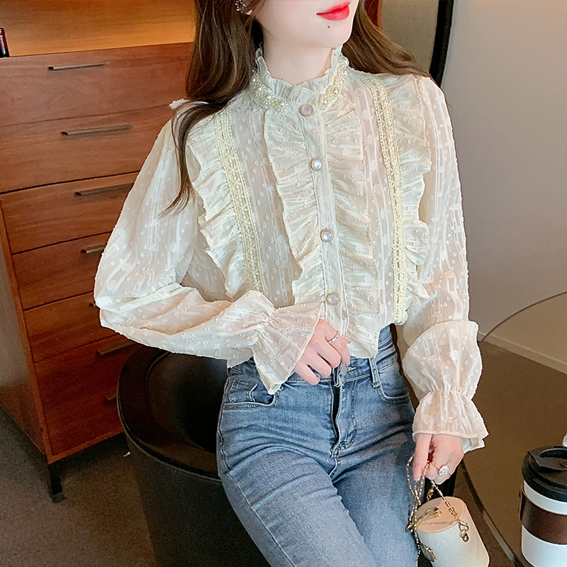 Spring New France Style Tree Fungus Single Breasted Stand Collar Blouses For Women Long Sleeve Elegant Tops Shrits alx