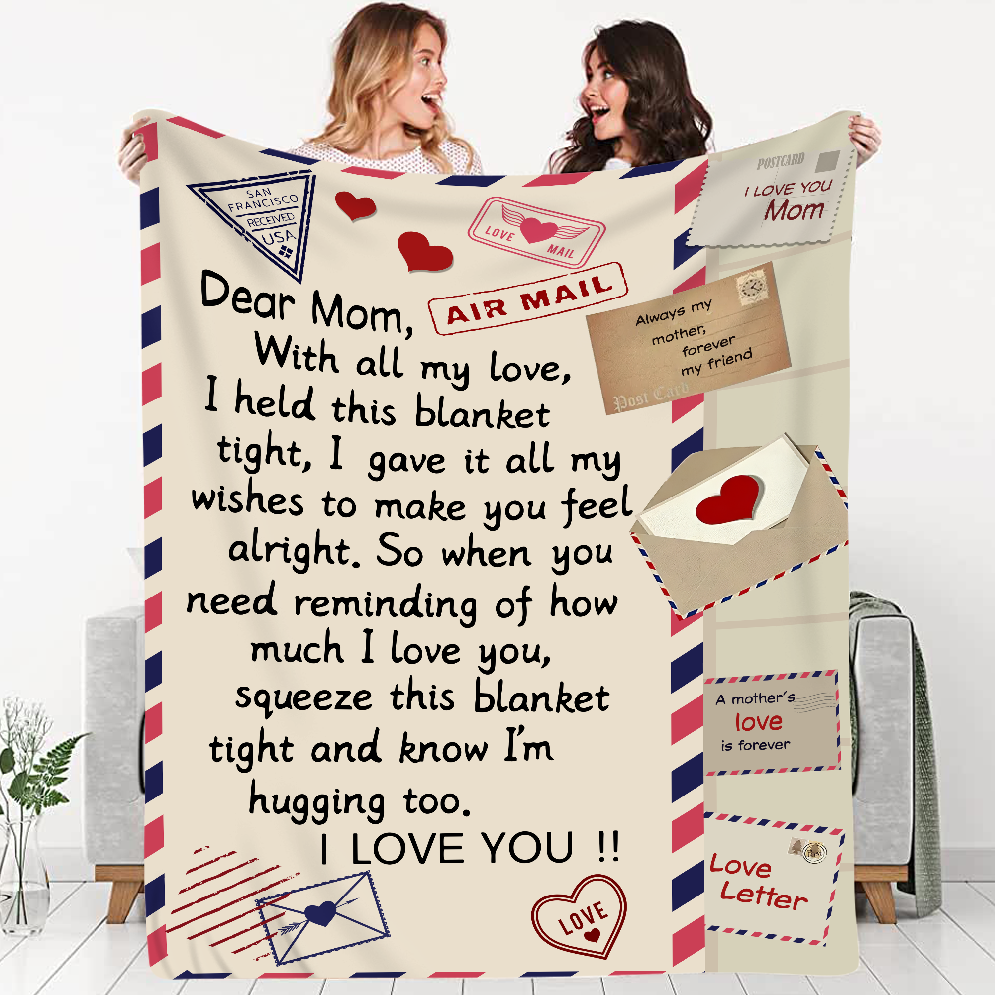 Airmail Letter Blanket Gift For Mom Throw Fleece Sherpa Blanket Mother Blanket Mother Day Gift