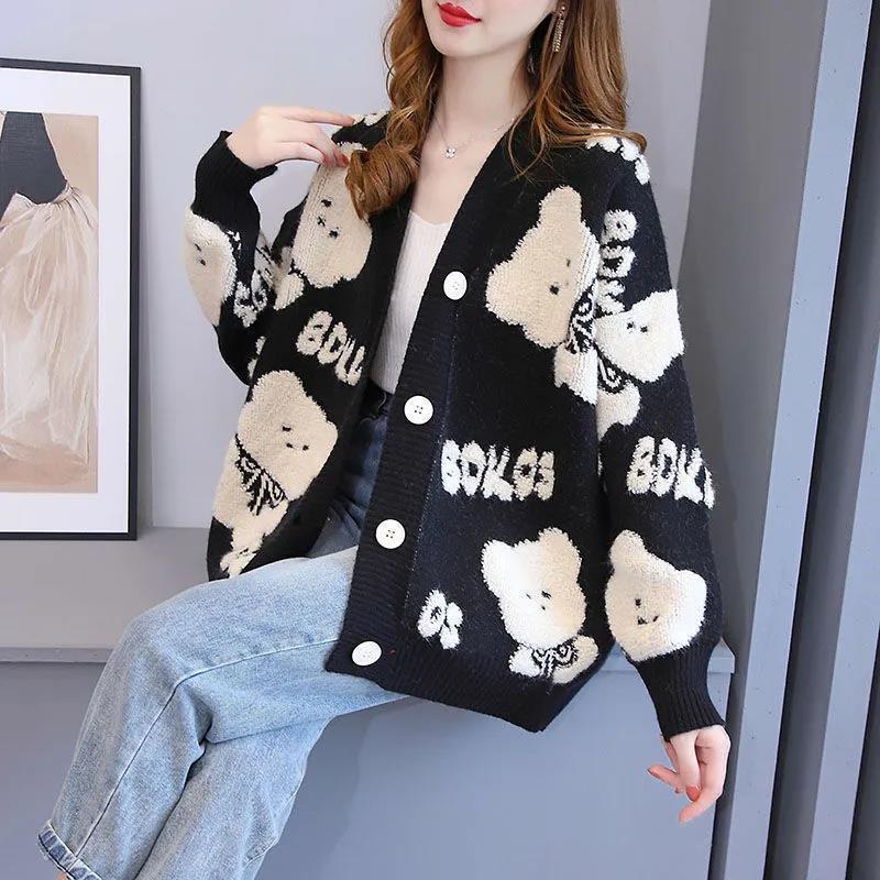 2022 Autumn New Color Blocking Little Bear Cardigan Women Loose Korean Academic Style V-neck Comfortable Thickening Sweater alx