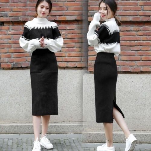 Women Knit Two Piece Set Solid Color Bodycon Long Skirt and Long Sleeve Sweater Pullovers Suits Ladies Clothing Suits X89 alx