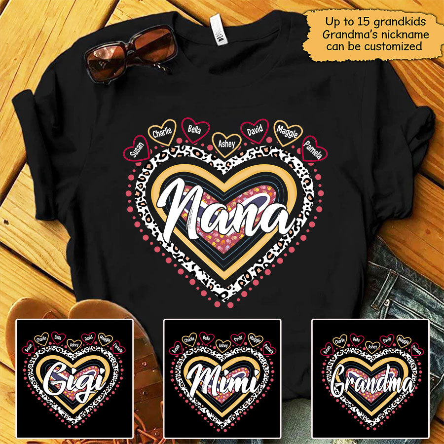 Nana With Grandkids Rainbow Leopard Heart Personalized Shirt