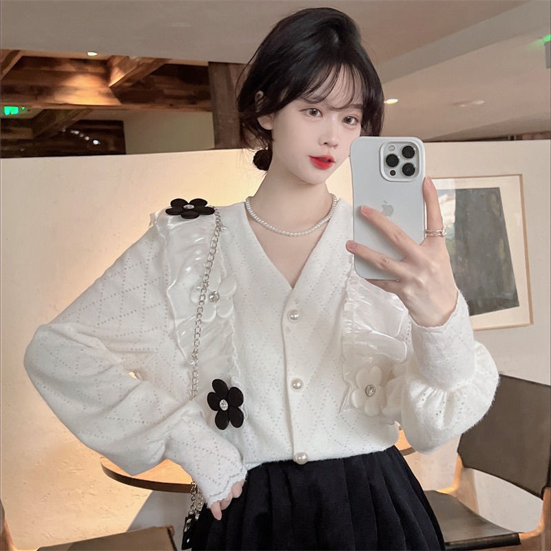 Cardigan Women Flowers Design Cute Sweet Girls V-neck Knitting Straight Korean Style Preppy Cozy Student Stylish Single Breasted alx