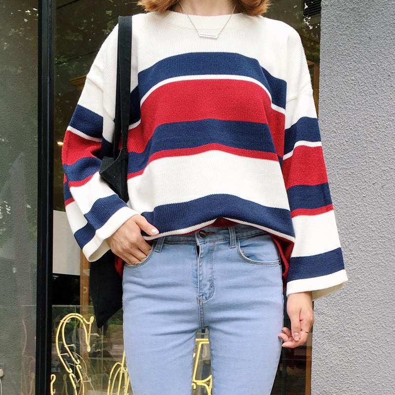 All Match College Wind Loose Causal Striped Colorful New Fashion Female Sweaters alx