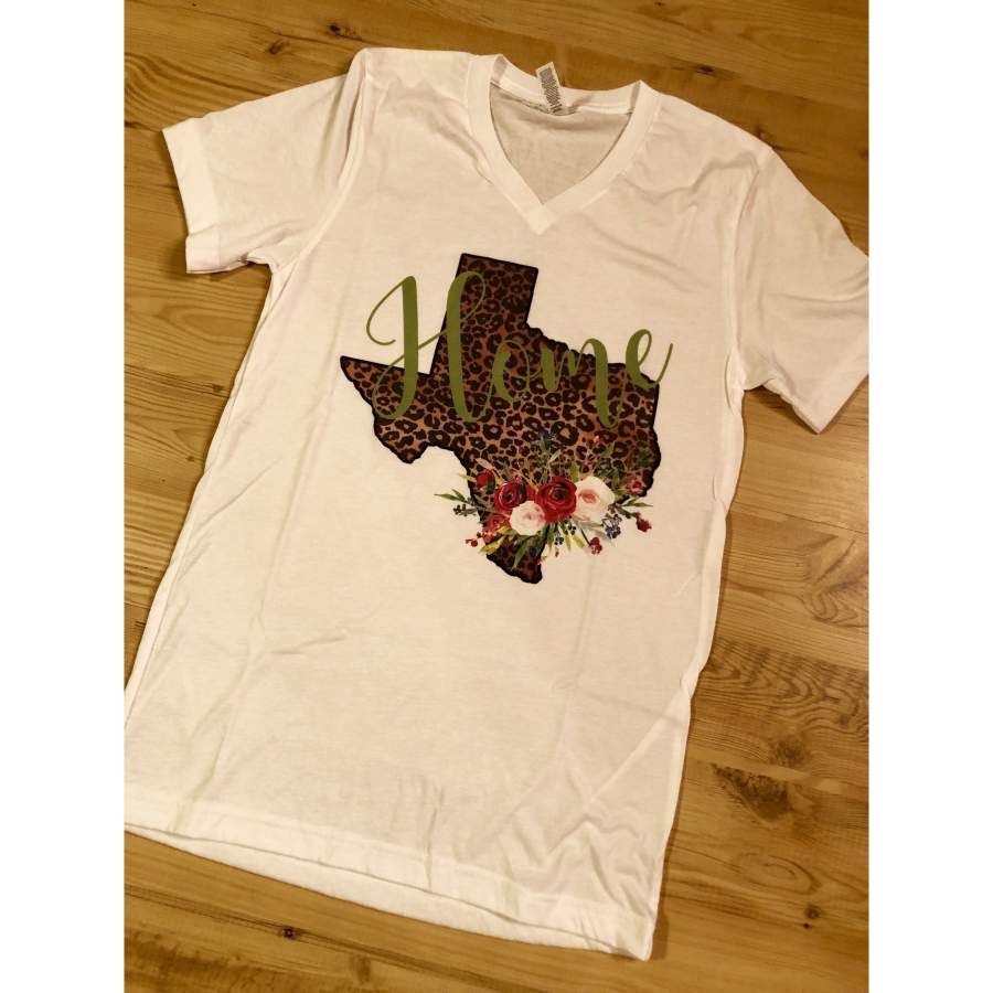 Green Leopard Texas on White V-Neck (Fits True to Size)