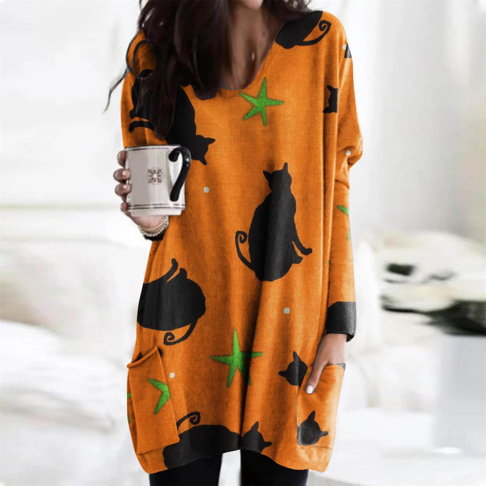 2022 Women Fashion Autumn and Winter New Halloween Cat Pumpkin Long-sleeved Loose Retro Dress alx