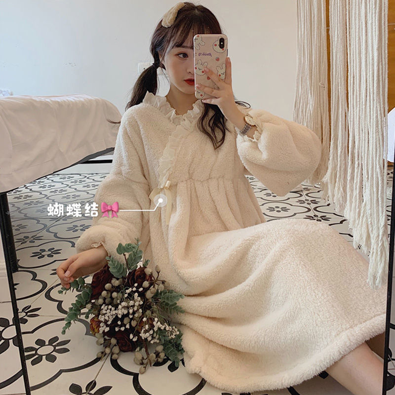 Women Nightgowns Solid Sweet Winter Flannel Thickening Warm Soft Nightdress Princess Kawaii V-neck Loose Sleepwear Home Lounge alx