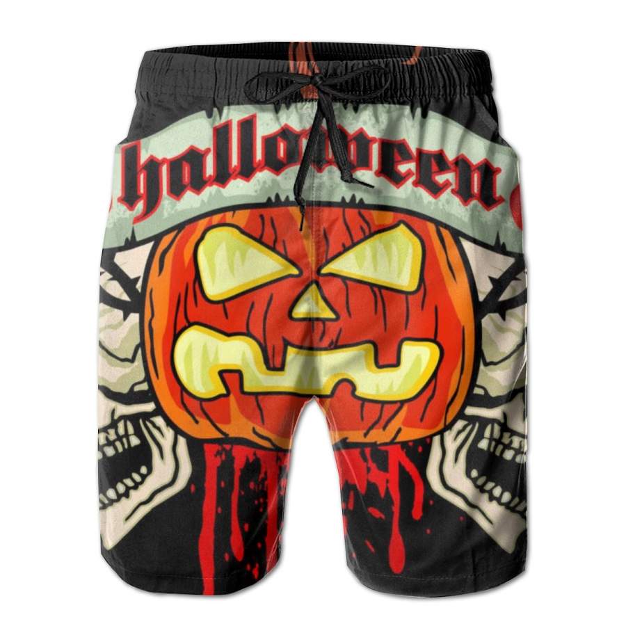 2 Pack Halloween Skulls Bloody Pumpkin Poster Men Swim Trunks Drawstring Elastic Waist Quick Dry Beach Shorts with Mesh Lining Swimwear Bathing Suits