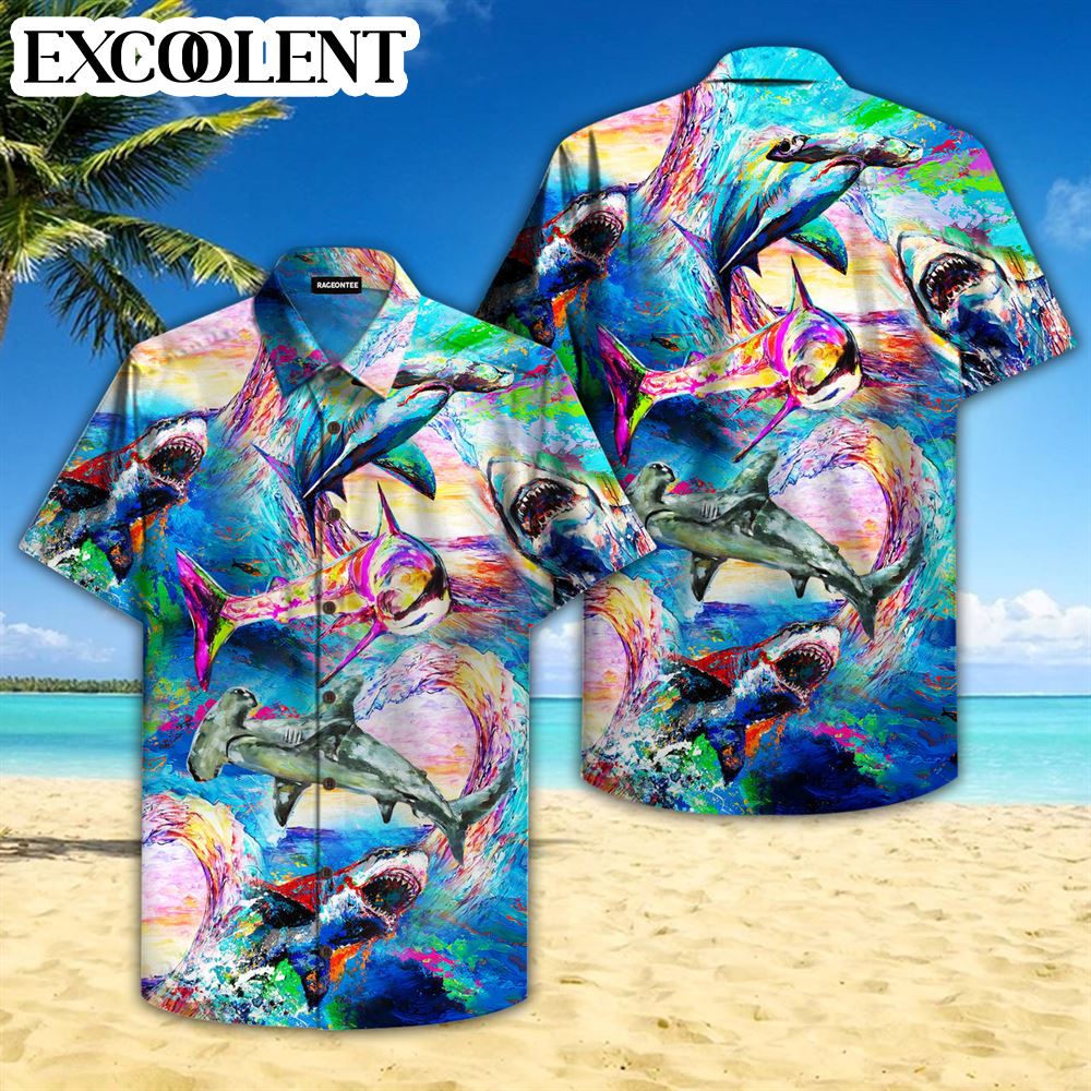 Colorful Sharks World Aloha Hawaiian Shirts – Funny Hawaiian Shirts – Mens Aloha Shirt