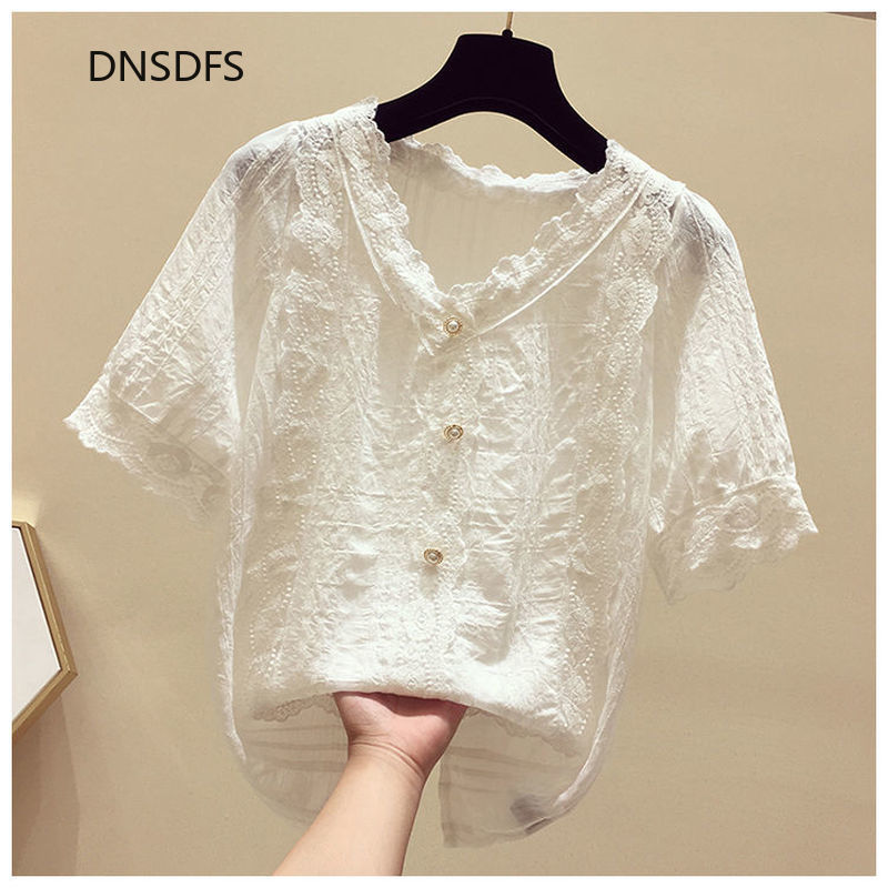 Sweet Lace Shirt Women Short-sleeve 2021 Summer Top Korean Button Up Shirt Office Casual V-neck Chiffon Blouse Women Blusa Mujer alx