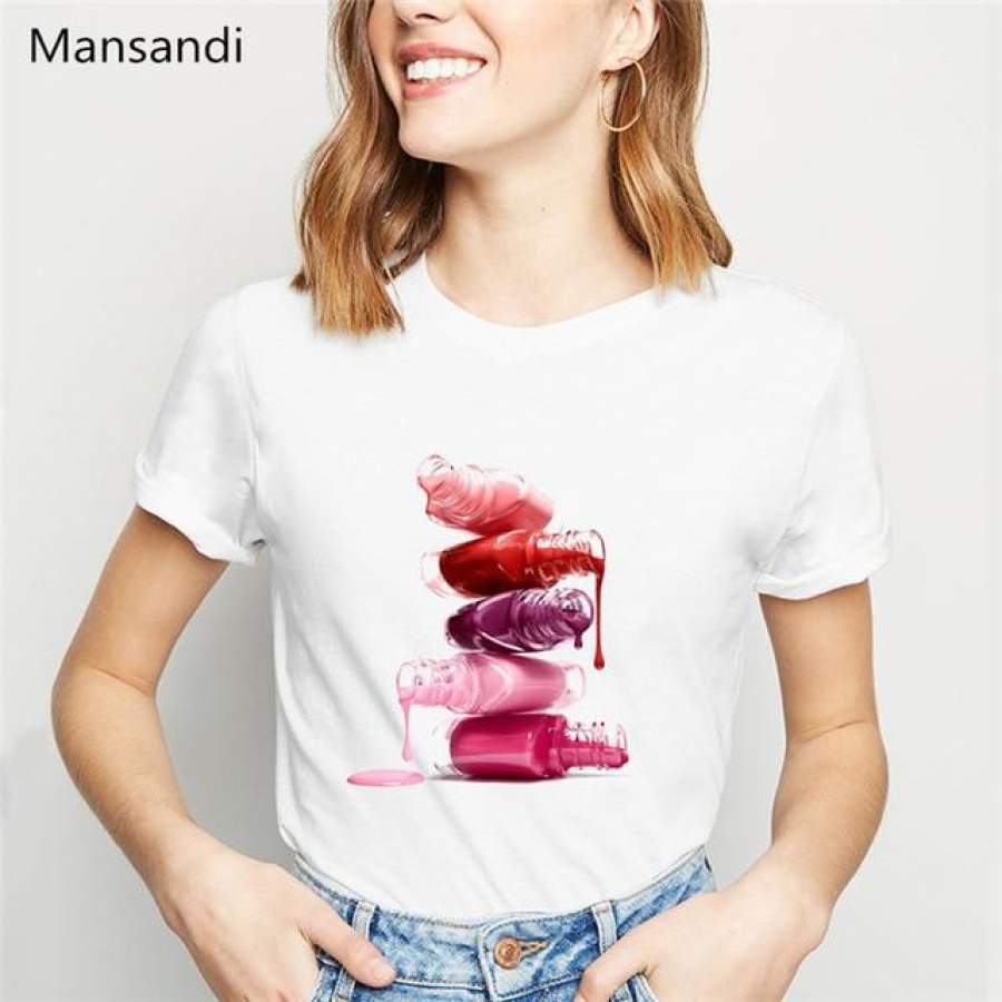 watercolor red Nail Polish tshirt women clothes summer tops tee shirt femme vogue funny t shirts