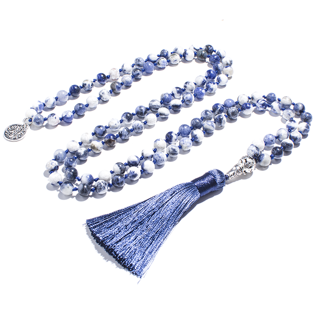 8mm Natural Flower Blue Sodalite Beaded Knotted Mala Necklace 108Japamala Meditation Yoga Spirit Jewelry Men and Women Rosary alx