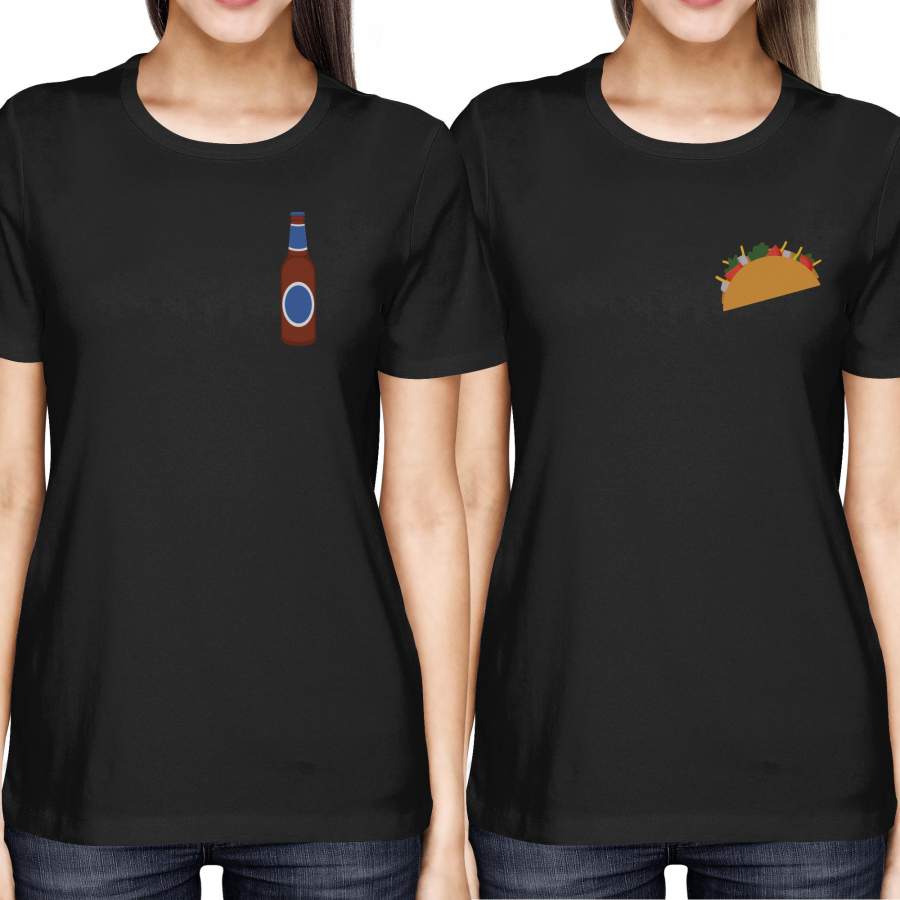 Taco and Beer BFF Women’s Best Friend Pocket Print Matching Black Shirts Tees for Summer