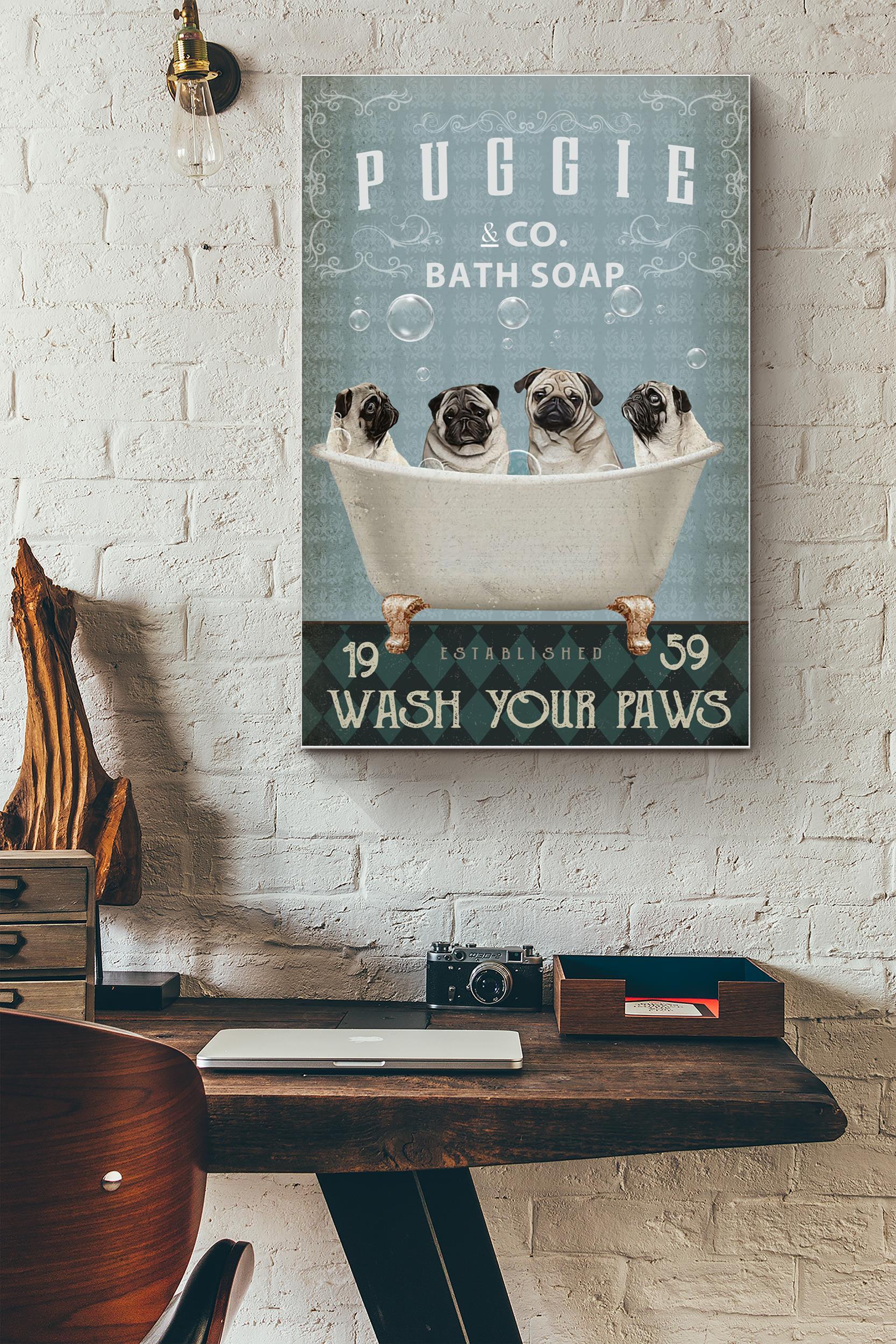 Puggie Co. Bath Soap Poster – Animal Wall Art – Gift For Bathroom Decor, Dog Lover, Dog Foster (Unframed) Poster