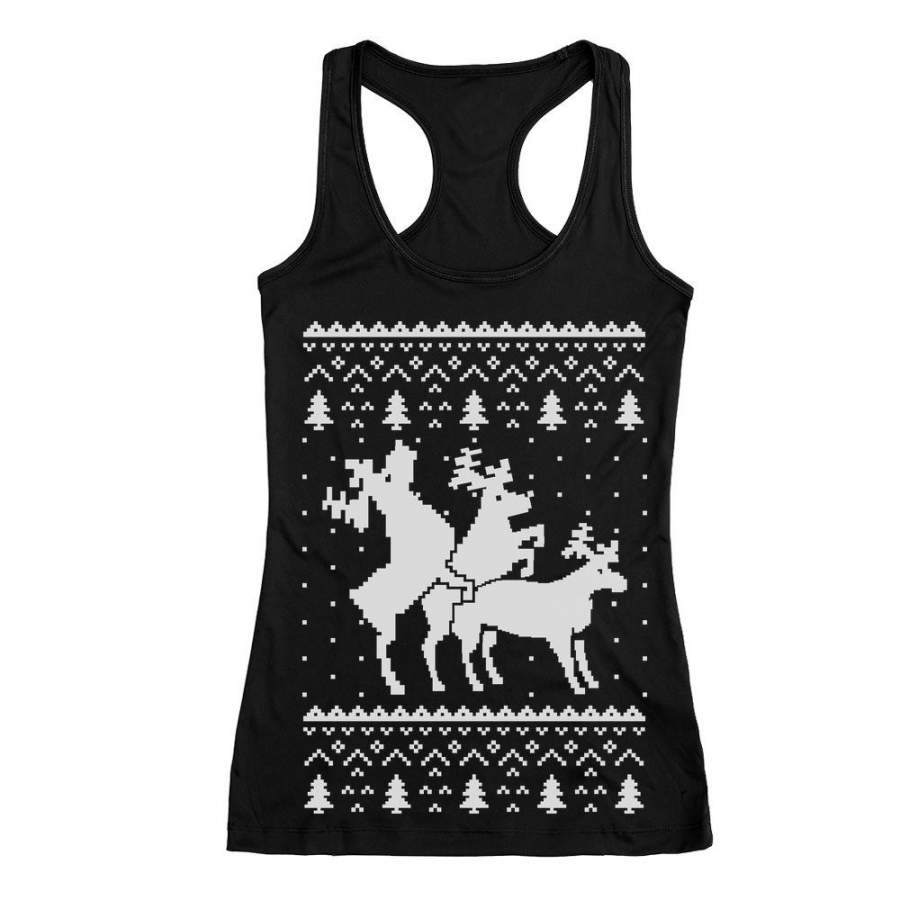 Ugly Christmas Party Sweater Humping Reindeer Threesom Racerback Tank Top