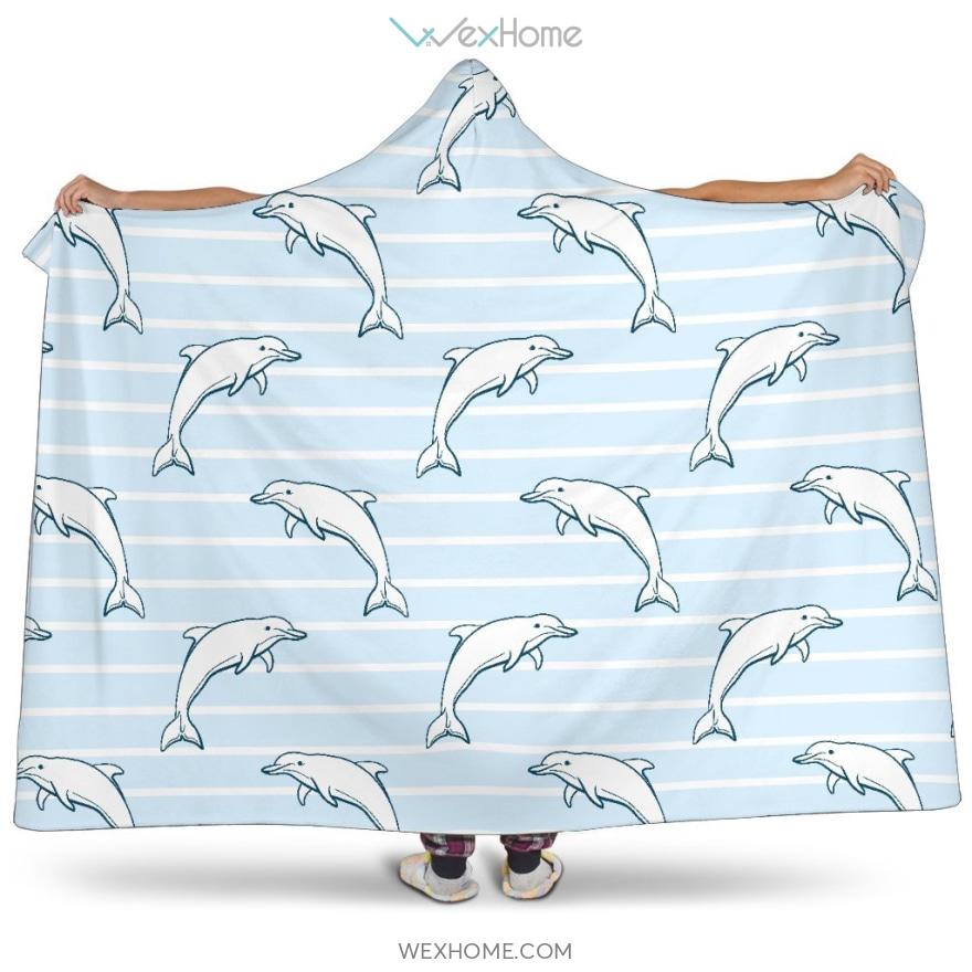 Dolphin Blue Striped Background Hooded Blanket