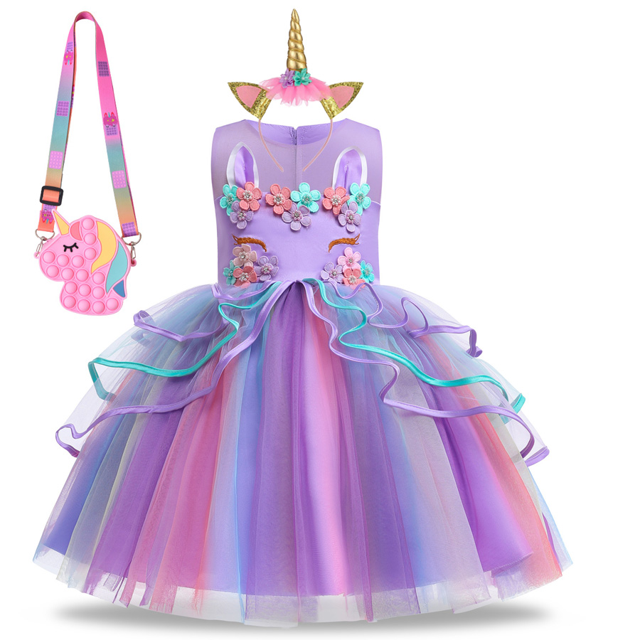 Summer Dress Girl Unicorn Cosplay Costume Children’s Day Mesh Rainbow Tulle Princess Dress for Birthday Gift Kids Fashion Dress alx