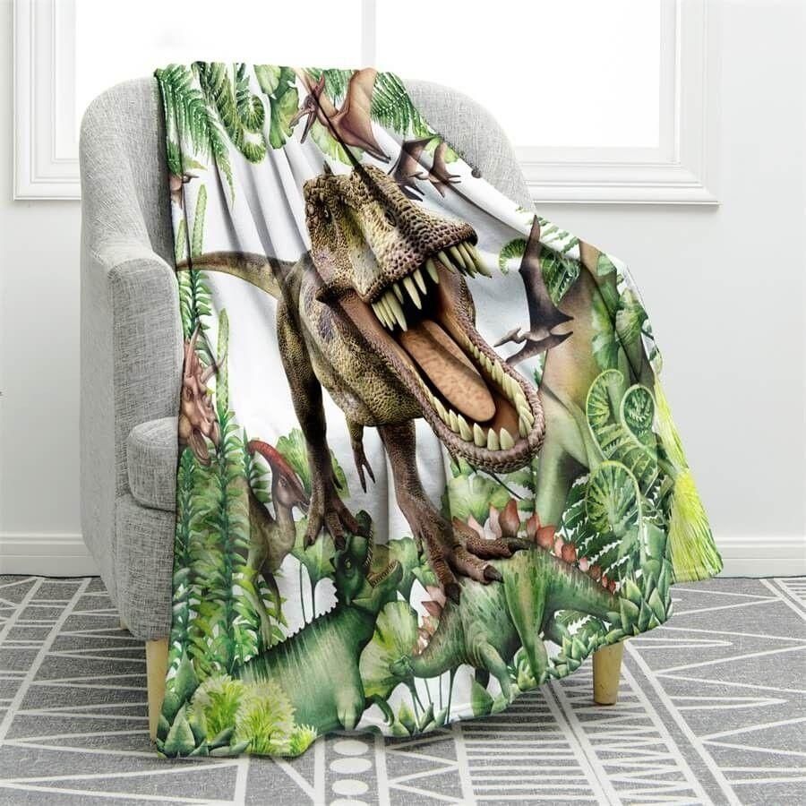 [Personalized Name] Dinosaur Green World Printed Fleece Blanket, Sherpa Blanket, Gift For Parent, Family Member, Friends Gift, Christmas Gift, Home Decor, Home Living