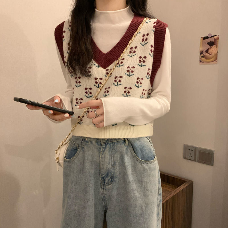 Sweater Vests Women Leisure Simple Patchwork Flower Design V-neck Sleeveless Gentle Females Retro Ulzzang Chic Streetwear Slim alx