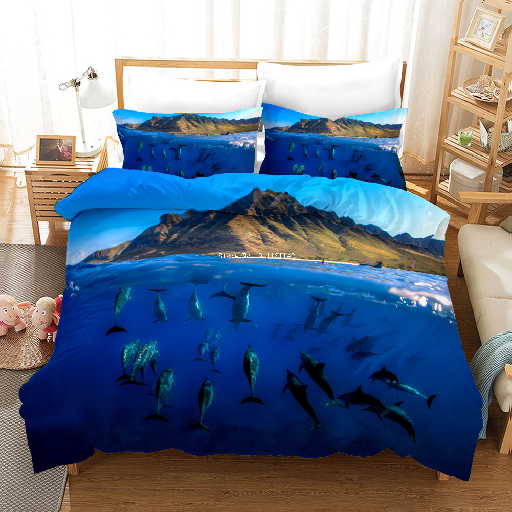 3D Jumping Dolphin Cartoon Pattern Bedding Cover Printed Down Quilt Cover Pillowcase Double Queen King Size Duvet Covers