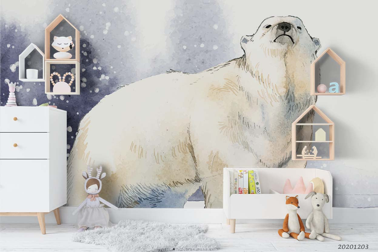 3D Cartoon Snowing Polar Bear Animal Wall Mural Wallpaper Lxl