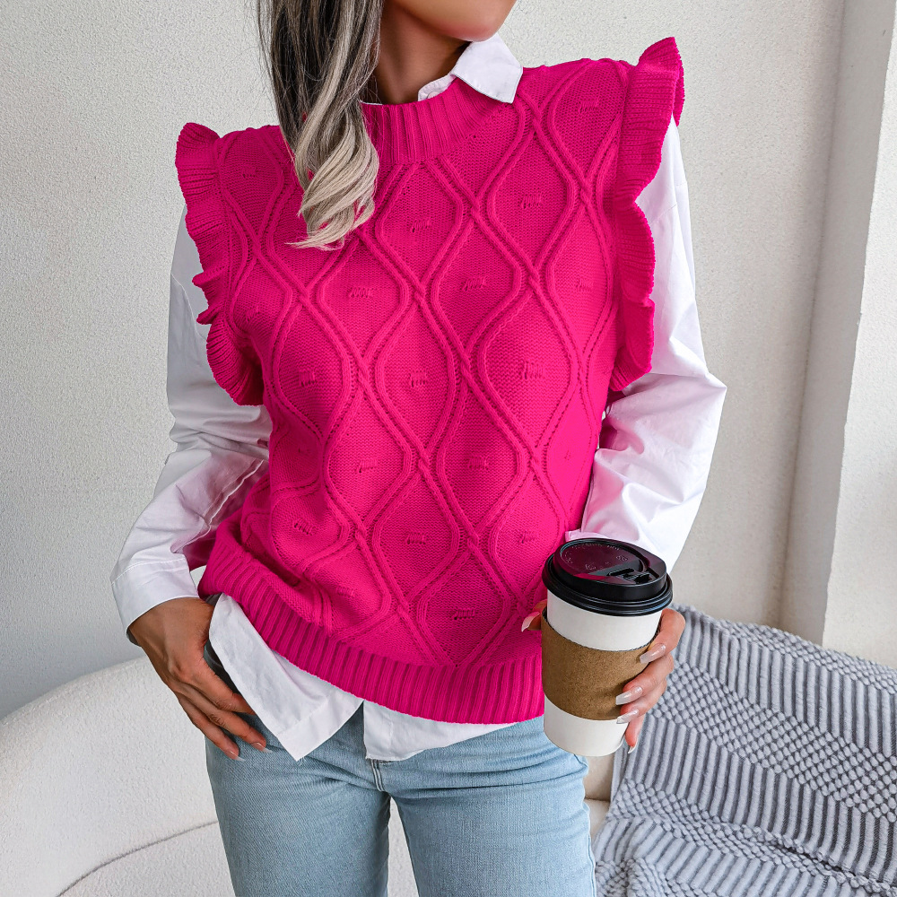 Yojoceli Autumn argyle ruffle knitted women vest Warm fashion sweet winter sweater pollover Fitness soft casual knitted vest alx