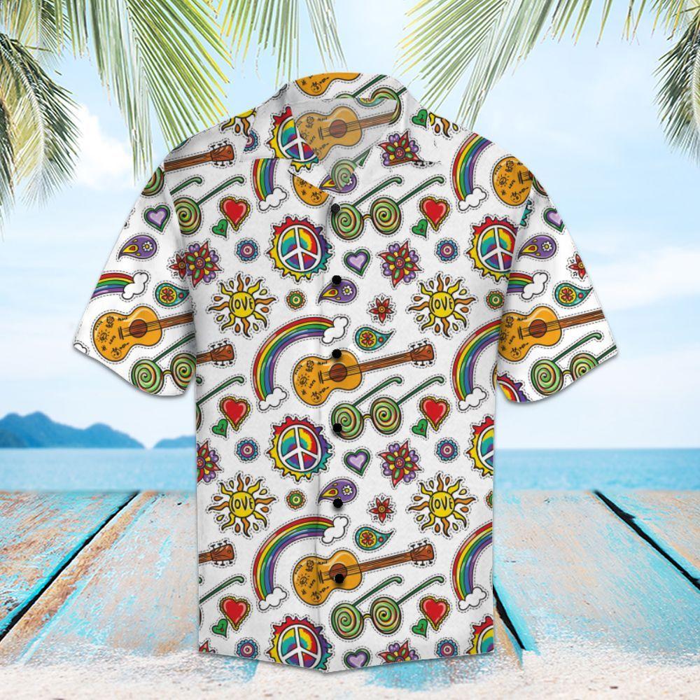 Hippie Hawaii Shirt Peace Sign Sun Glasses Guitar Pattern White Aloha Ha22194