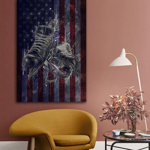 Vintage Ice Hockey Skate American Flag Canvas Print Wall Art Poster Print, Wall Art Canvas, Poster Canvas Wall Decor