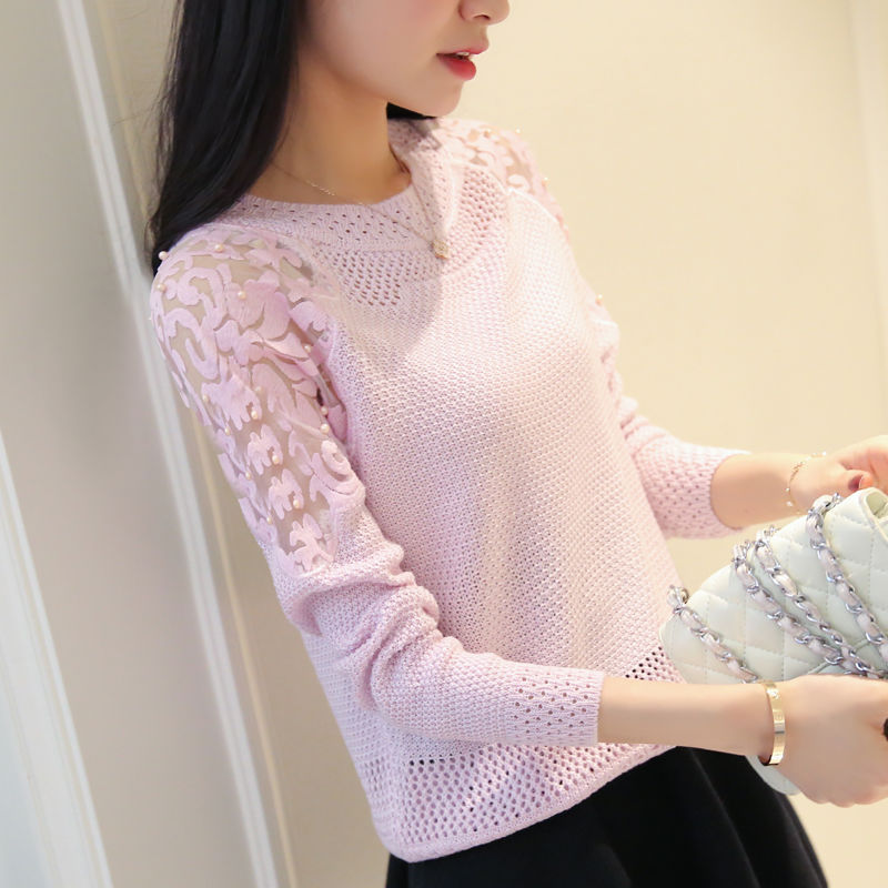 Woman Sweaters Thin Loose Hollow Beading Women’s Clothing Lace Sweater Spring Crew Neck Pullover Femme Chandails Pull Hiver alx