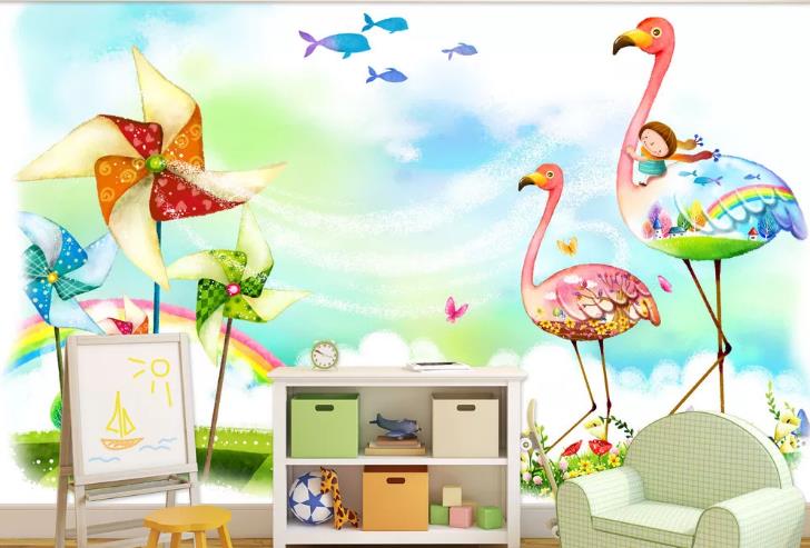 3D Cartoon Animal Flamingo Windmill Wall Mural Wallpaper Lqh 212