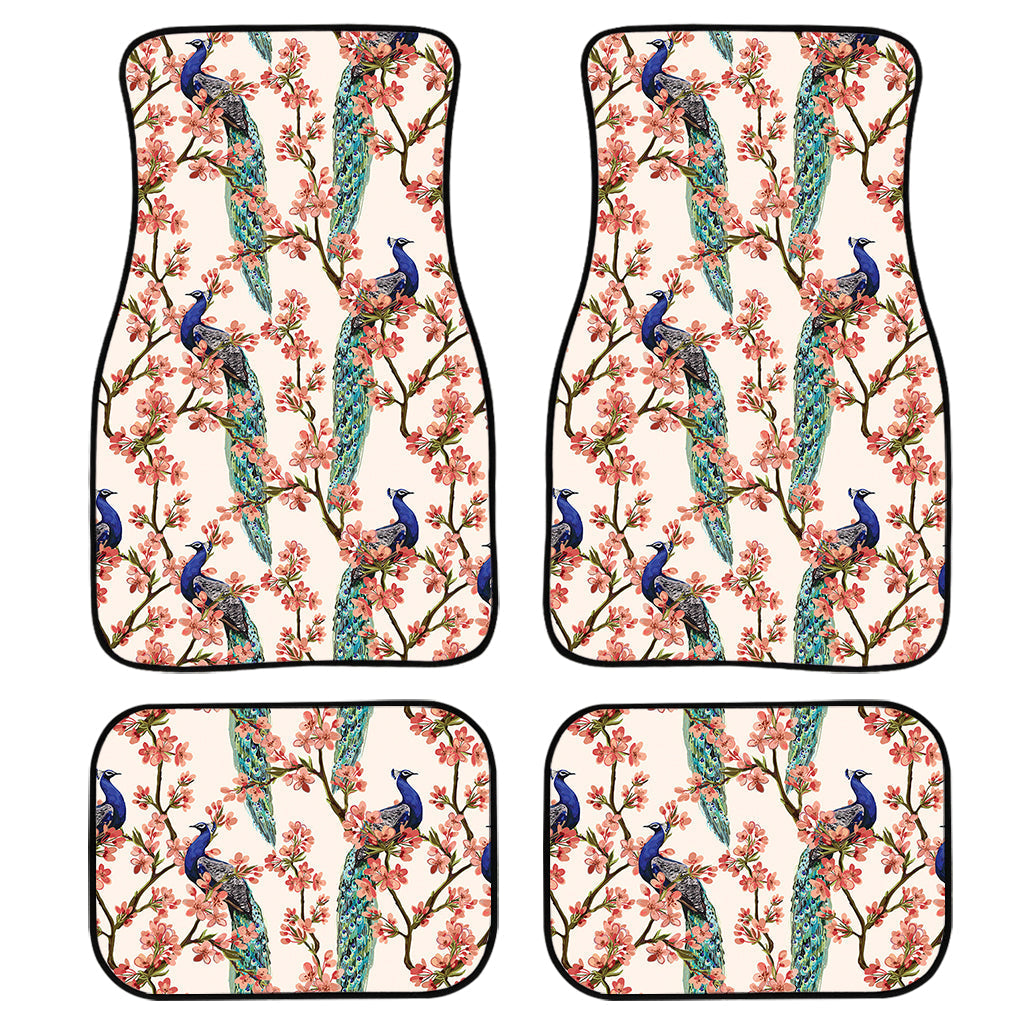 Cherry Blossom Peacock Print Front And Back Car Floor Mats, Front Car Mat