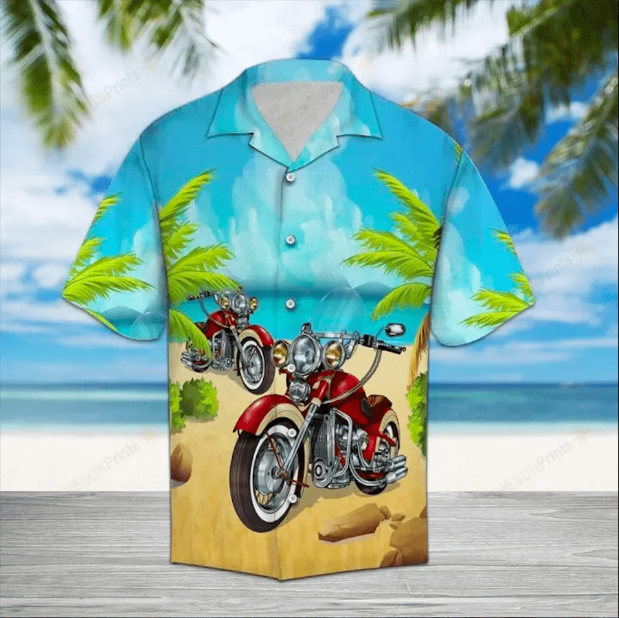 Red Motorcycle On The Beach Blue Unisex Hawaii Summer Shirts Ha25624