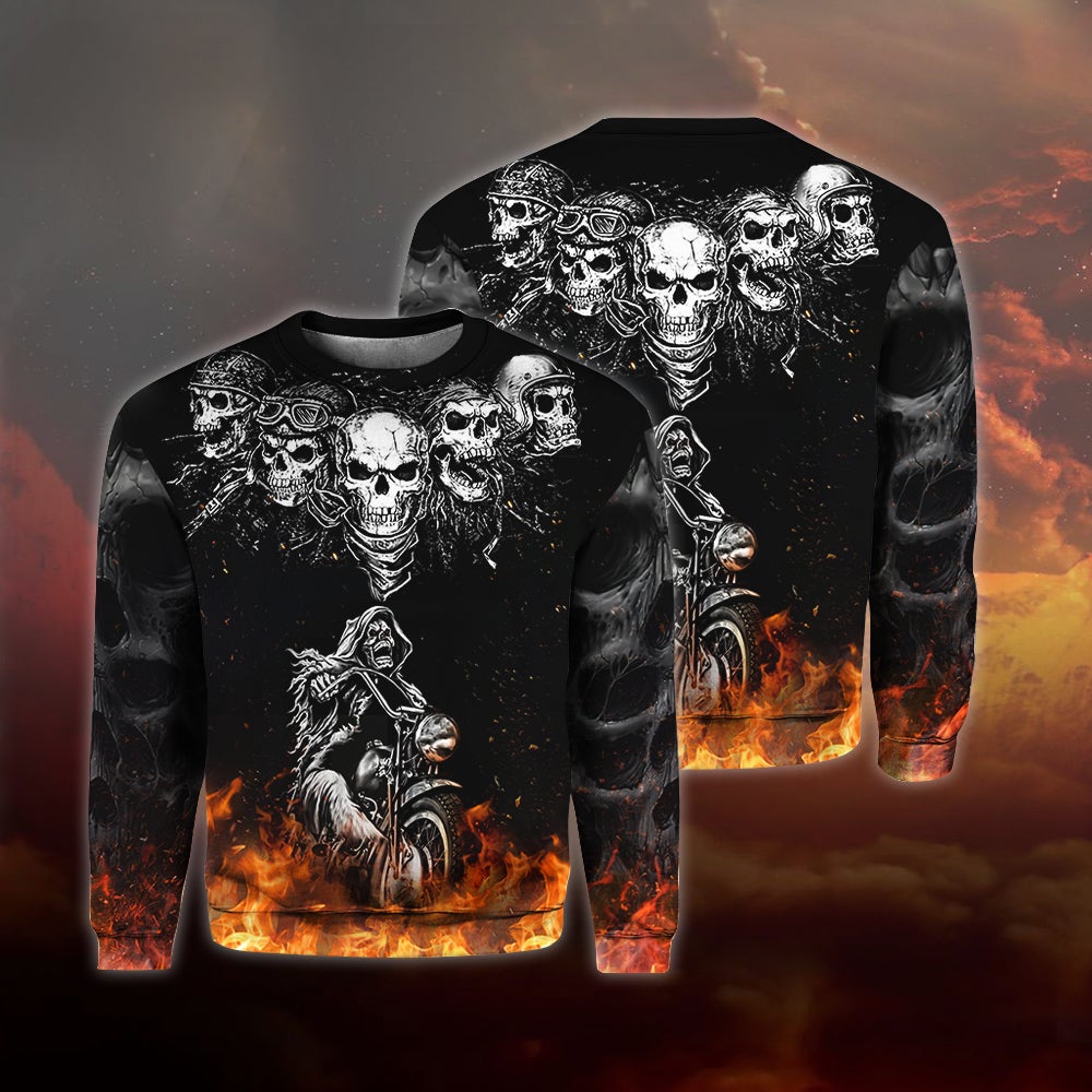 Biker Skulls On The Fire Crewneck Sweatshirt All Over Print Sweatshirt For Women Sweatshirt For Men