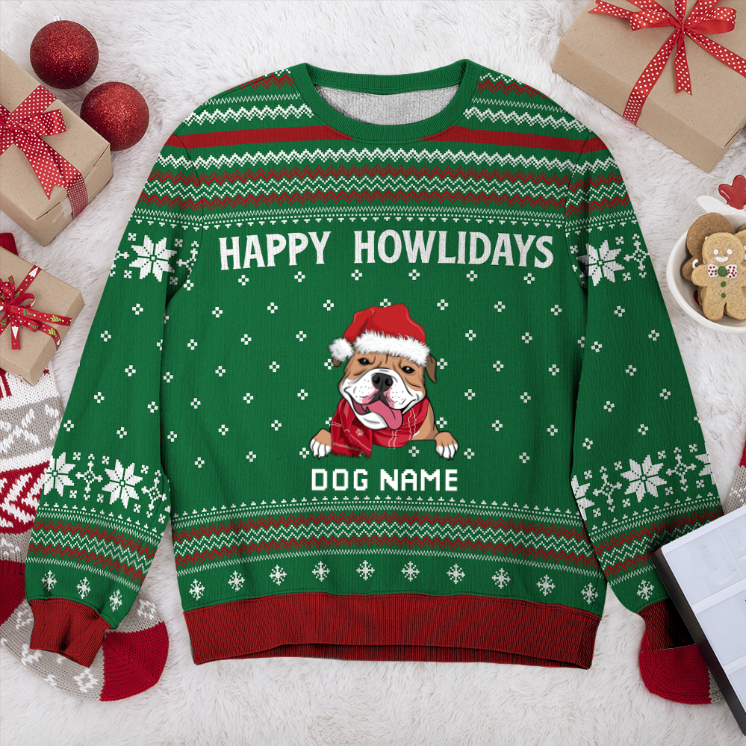 American Bulldog Happy Howlidays Personalized Sweater, Dog Ugly Christmas Sweater