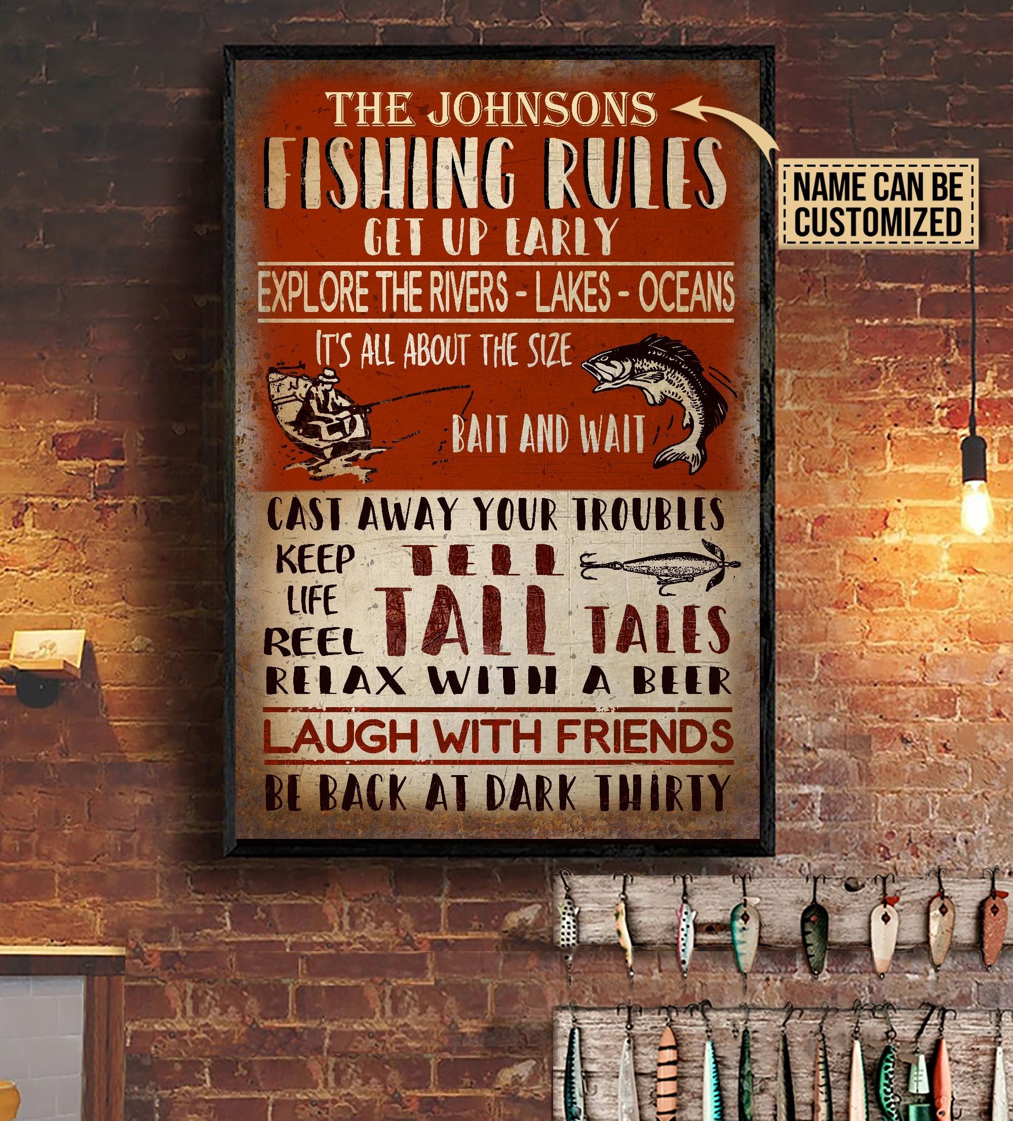 Aeticon Gifts Personalized Fishing Rules Get Up Early Canvas Mom Dad Gift Home Decor