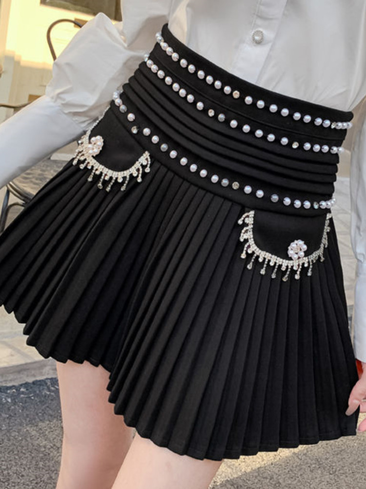 Summer New Women’s Skirt Suits Elegant Beaded Puff Long-sleeve Shirt + Fashion Beads Tassel Pleated Skirt Leisure Two Piece Sets alx