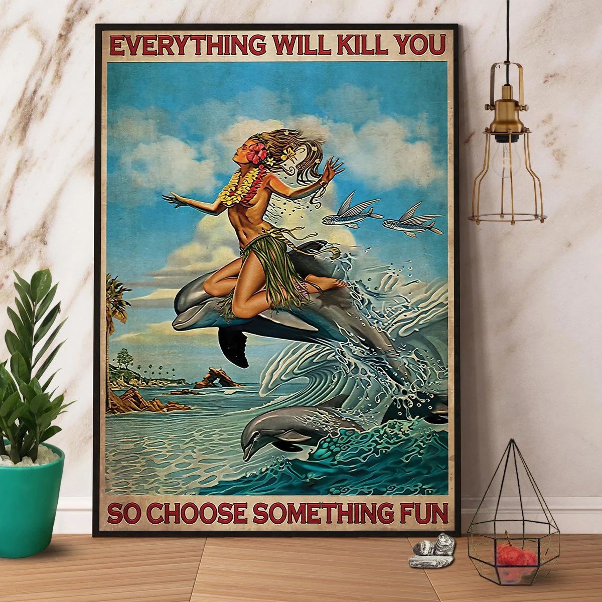 Hawaii Girl With Dolphin On Beach Choose Something Fun Canvas Prints Poster Wall Art