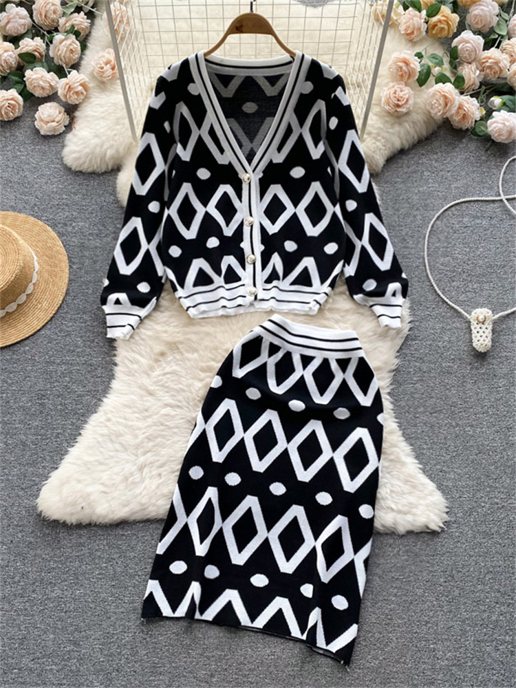 Chic Vintage Geometric Jacquard Knit Sweater Women’s Two Piece Set Outfits Casual Loose Cardigan Jacket Mid Skirt Suits alx