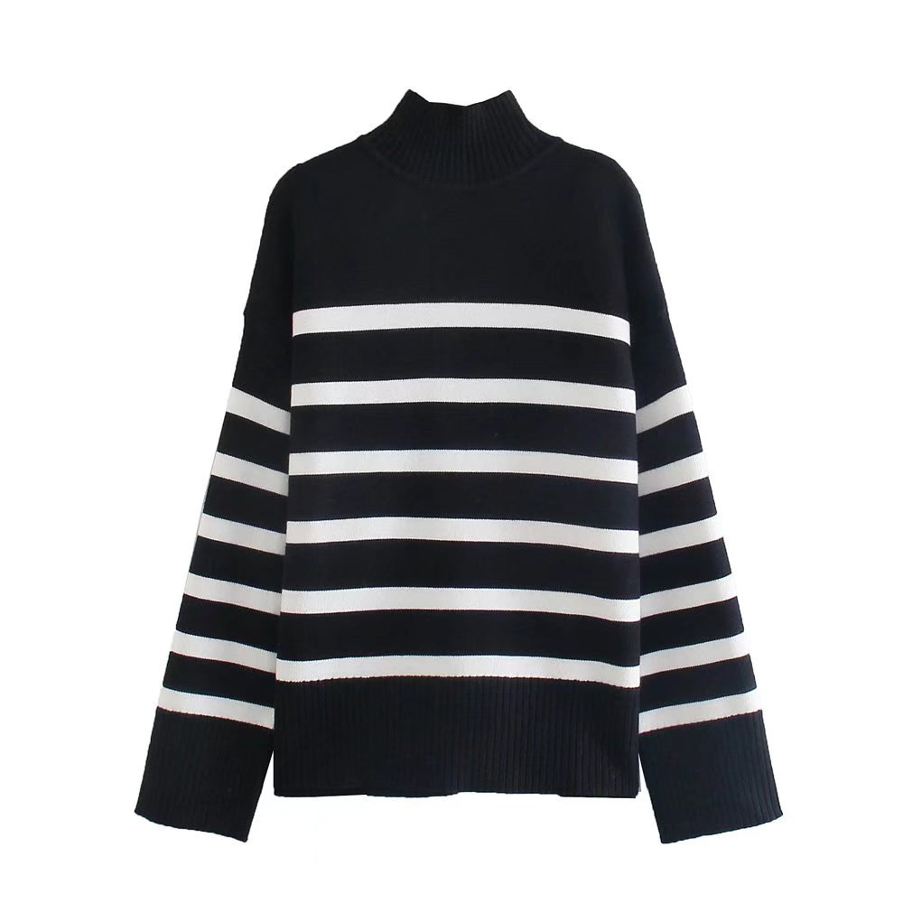 Casual Striped Split Turtleneck Women Sweater Long Sleeve Knitted Oversized 2022 Autumn Winter Female Pullover Leisure Chic Tops alx